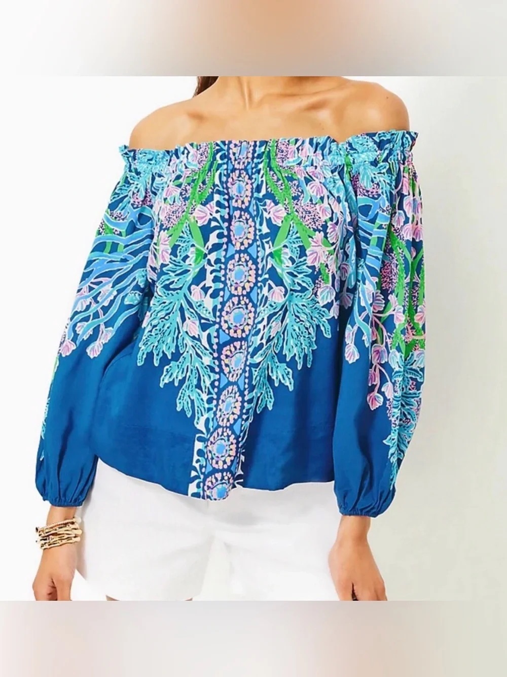 Lilly Pulitzer Aimes off shoulder blouse Barton Blue Seacrest Escape Size M